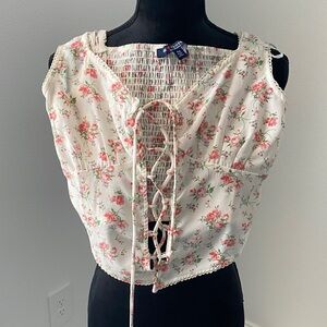 Floral Lace-Up Blouse with Pink Accents